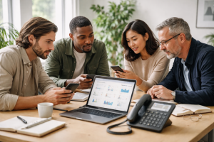 Billede til ‘Om os’ med et lille blandet team på kontor omkring et bord med telefoner, laptops og headsets – fokus på samarbejde og nørdet telefoni-faglighed, ikke opstillede smil.