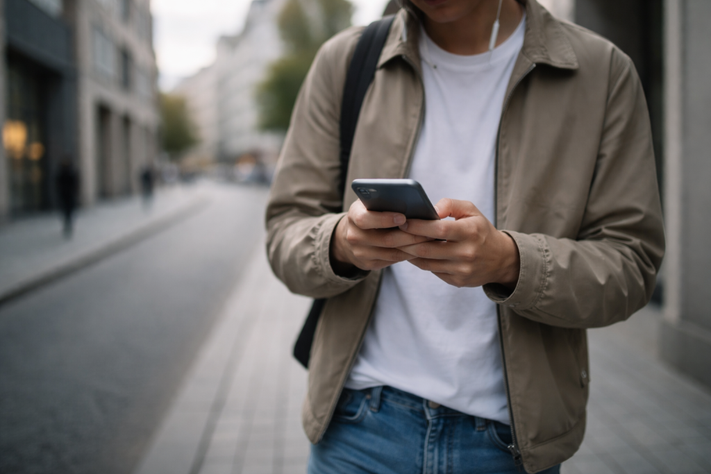 Stemningsfuldt lifestyle-billede til generel brug – person, der går i byen med smartphone i hånden og trådløse høretelefoner, urban men stadig nordisk og afslappet.