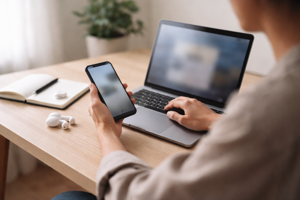 Standard blogheader-billede med en person ved et skrivebord, der researcher på laptop og smartphone samtidig – velegnet som generel artikelillustration.