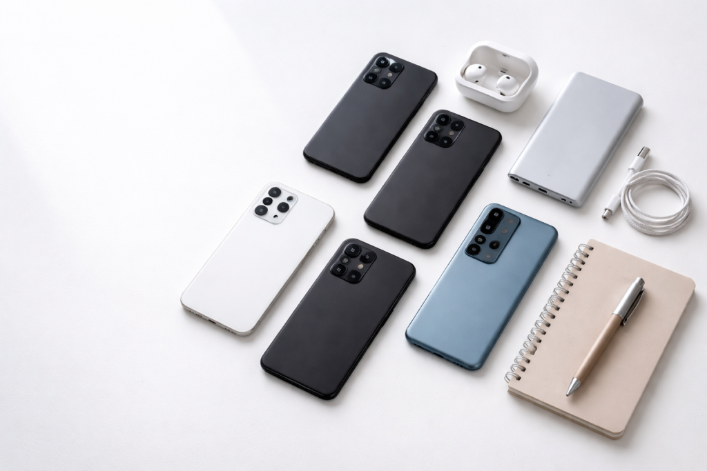 Bred hero til undersider med et rent skrivebordsmiljø, hvor flere telefoner og tilbehør ligger organiseret, set oppefra. Bruges på indholdssider og kategorisider.