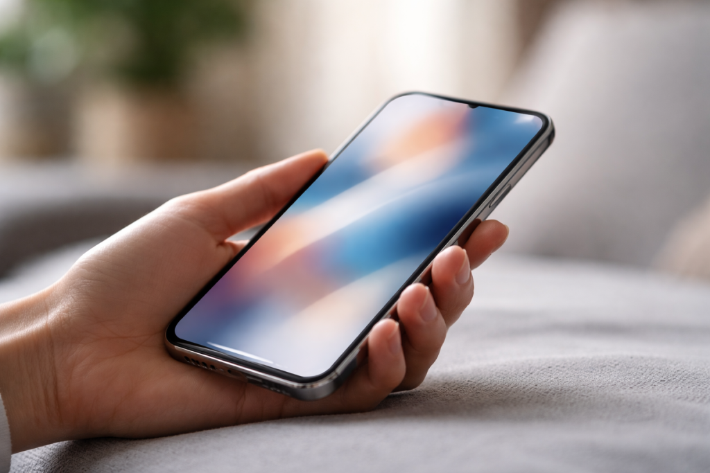Servicebillede til indhold om valg af mobiltelefon – close-up af en hånd, der holder en smartphone med tydelige detaljer i design og skærm, i et roligt hverdagsmiljø.
