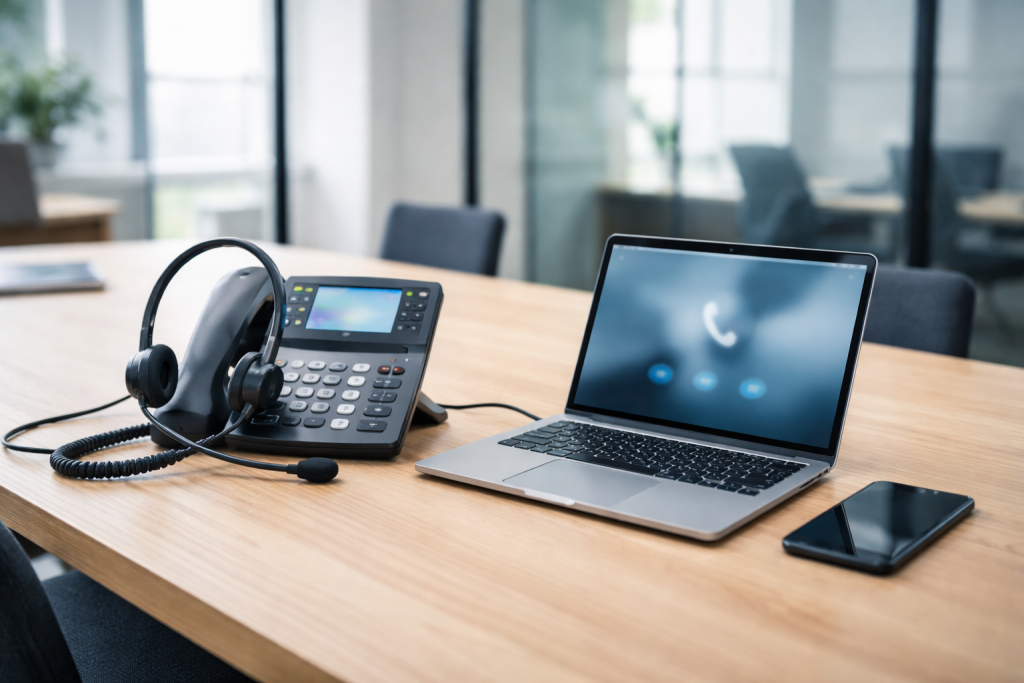 Servicebillede til erhvervstelefoni/telefonsystemer – moderne mødelokale med bordtelefon, headset og laptop med softphone-løsning, ingen mennesker i fokus.
