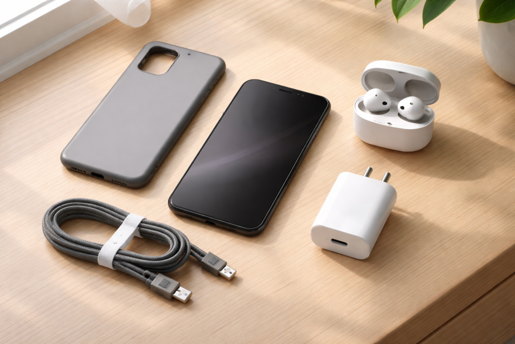 Servicebillede til tilbehør/udstyr – stilrent nærbillede af oplader, kabler, cover og trådløse høretelefoner omkring en telefon på et bord.