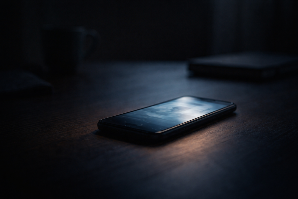 Diskret baggrundsbillede til udtalelser – mørkere, stemningsfuld scene med en telefon, der lyser op i et ellers dæmpet rum, så hvid tekst kan placeres ovenpå.